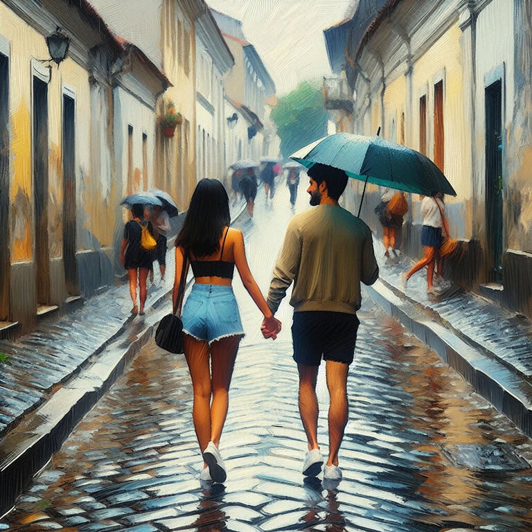 A South Asian man and a Black woman holding hands and walking together under the rain on a cobblestone street. The weather is damp but they seem to enjoy it. Make it look like an oil painting reflecting the visual cues of romanticism, with details of glistening cobblestones and the gleam of wet surfaces around them along with hues of blues and greys.