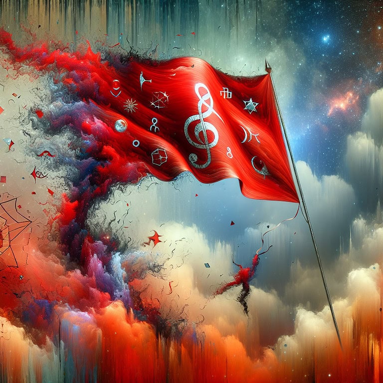 A digital illustration of a red flag fluttering high up, embellished with zodiac symbols in a surrealistic artistic style which utilizes intense imagery to express philosophical and abstract concepts.