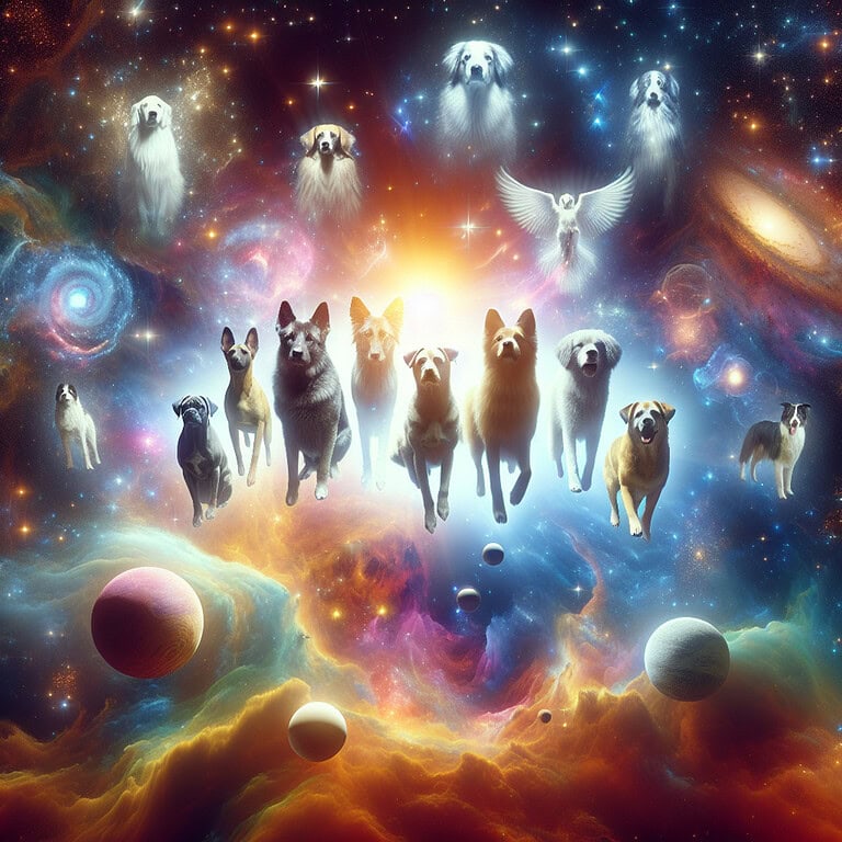 A surreal digital artwork showcasing a group of canines levitating amidst the cosmic expanses, emanating a heavenly glow. This image signifies the spiritual role that dogs play in our day-to-day existence. The dogs come in a variety of breeds, featuring different sizes and shapes, each adding to the diversity of the spectacle. The space around them is filled with various celestial bodies - stars, planets, and nebulae, all contributing to an otherworldly vibe.